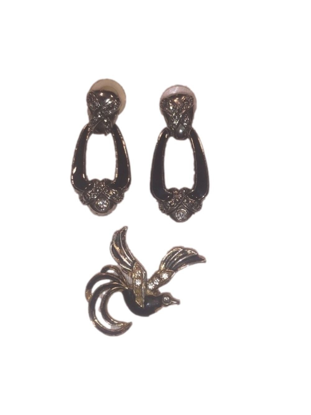 EARRINGS & BROOCH SET! Black, Silver, & Gold Colors w/ Rhinestones